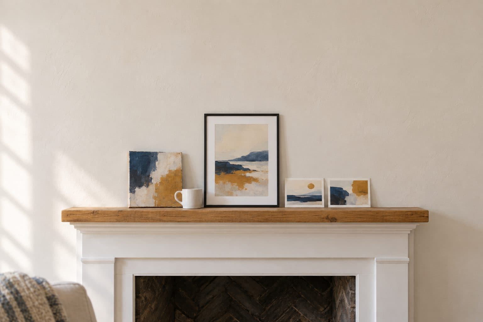 A white fireplace mantel in a living room with a framed print, a small canvas, a plain white mug and two postcards standing on the oak shelf